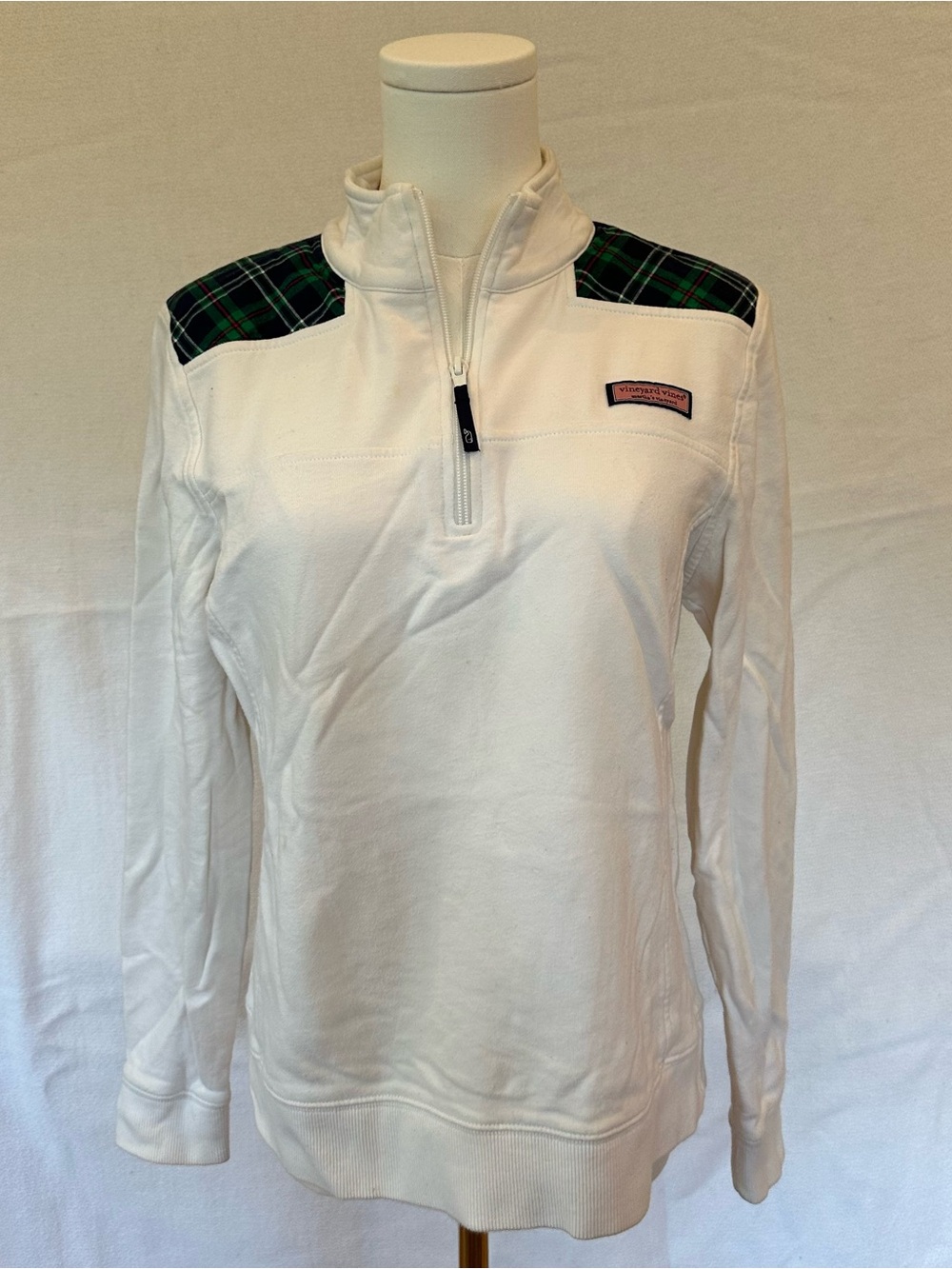 Vineyard Vines White Quarter-Zip Pullover with Green Plaid Shoulders - Women’s M